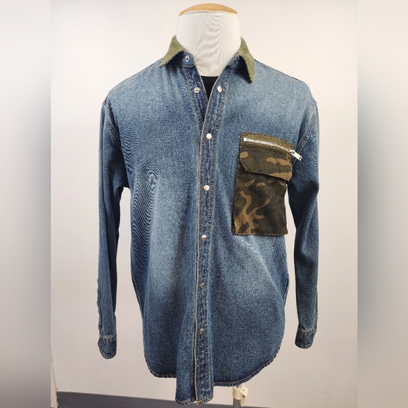 Five CM Men's Denim Blue Jean Shirt Snap Front Shacket, Size Small - Picture 1 of 15